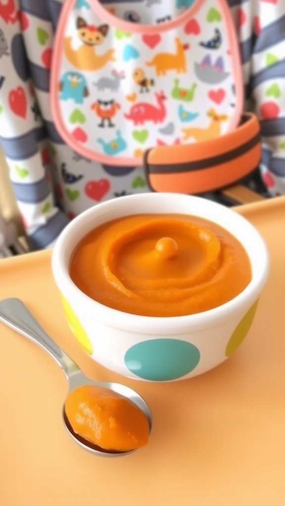 A bowl of sweet potato puree for babies, accompanied by a spoon and highchair backdrop.